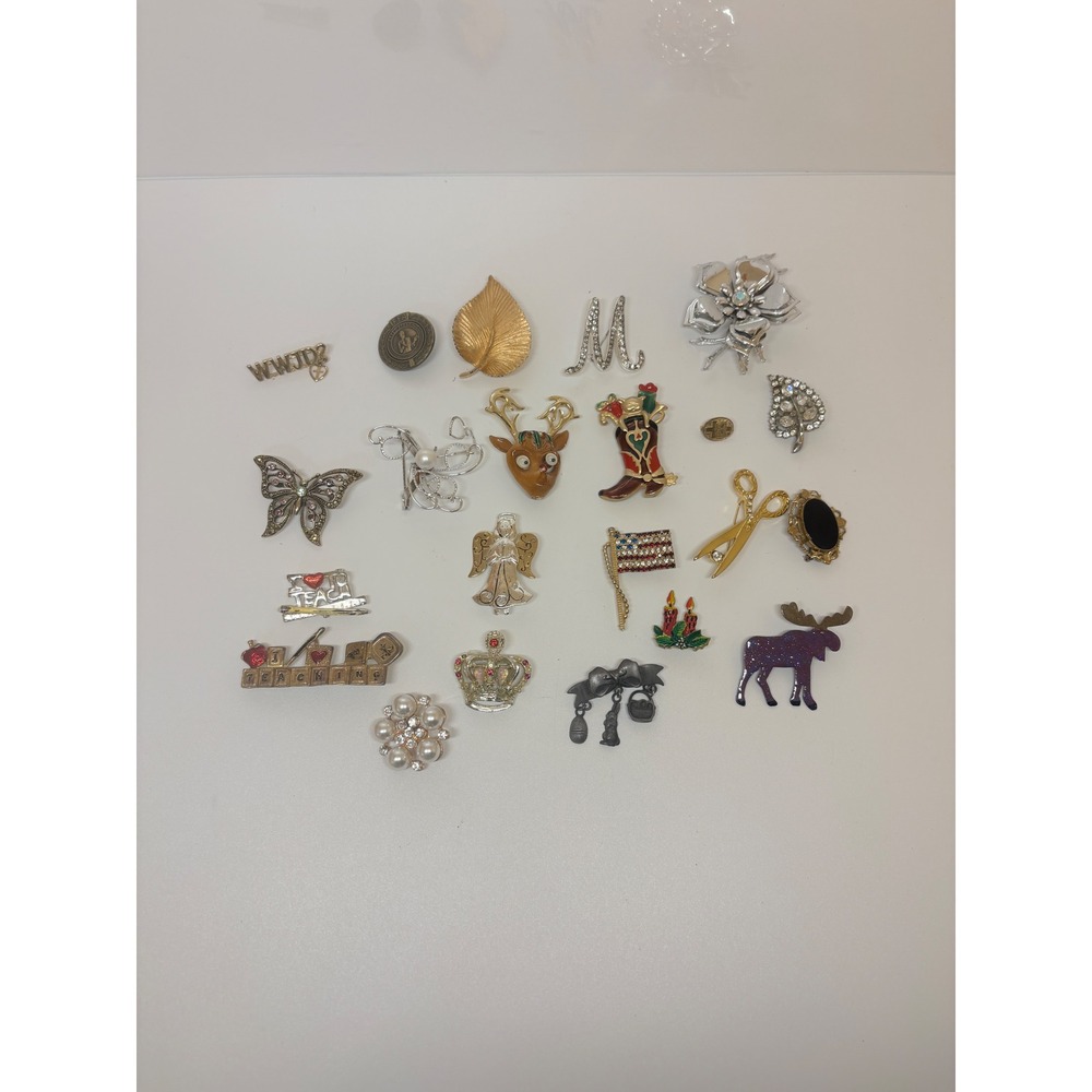 Mixed Brooch Pin Lot 22pc Rhinestone Enamel Christmas Teacher Nature WWJD